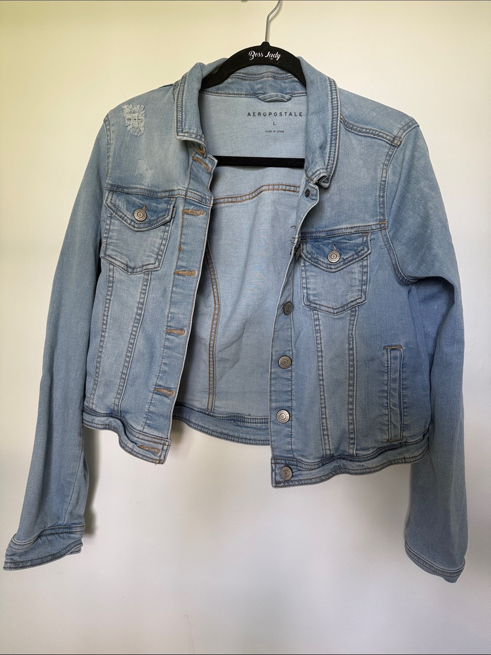 Aeropostale Light Blue Denim Jean Jacket with Distressed Accent
